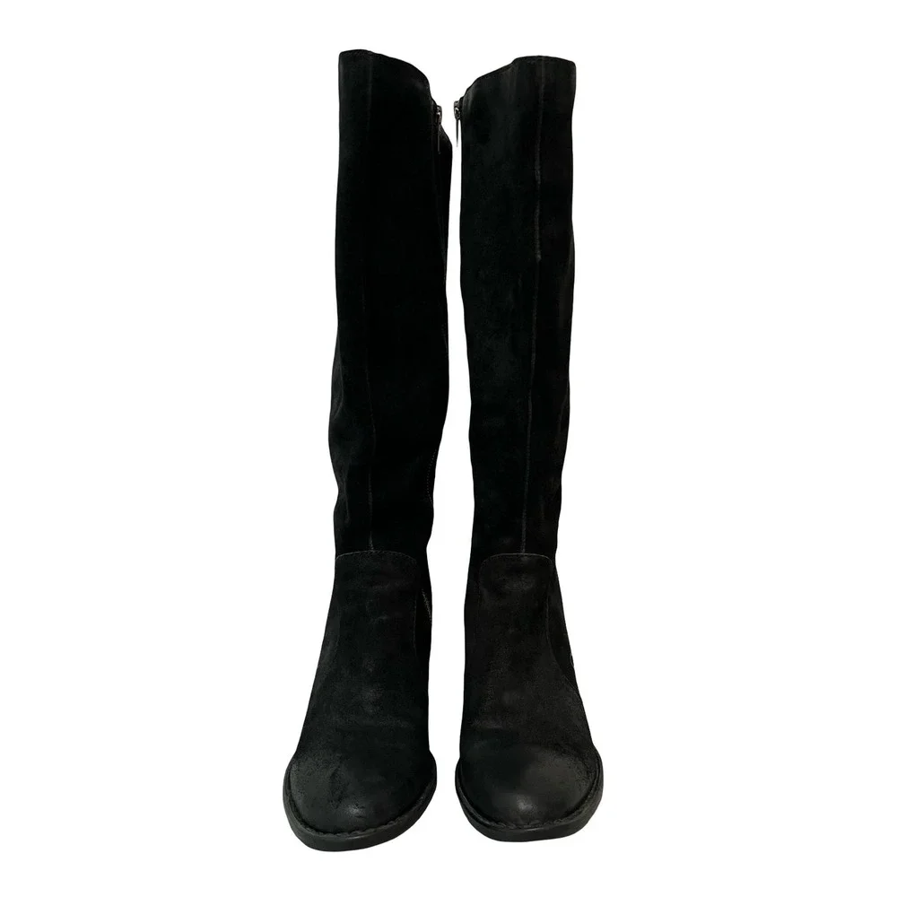 Born F33109 Black Distressed Suede Knee High Lace Up Back Boots Womens 10M WC